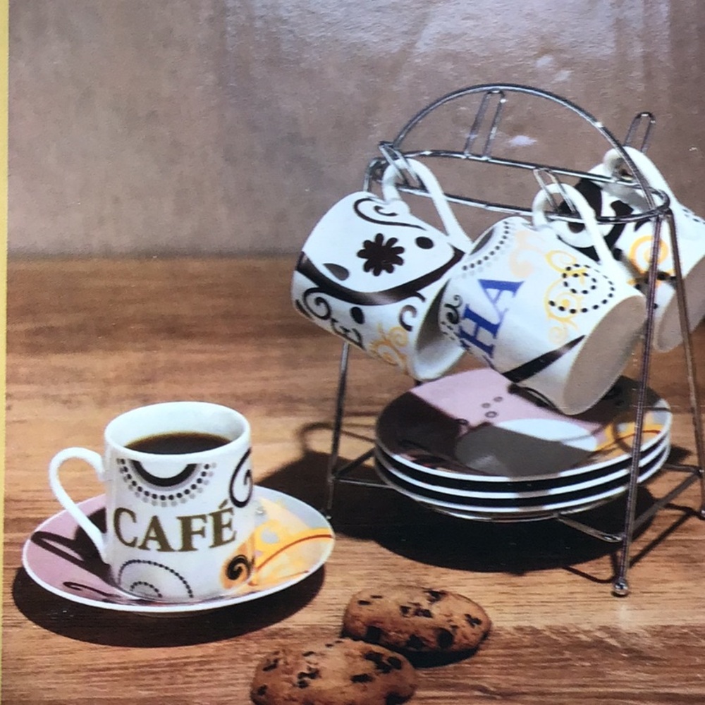 Abstract Espresso Cups & Saucers Cafe Themed Cups With Chrome Display‎ Rack NWT
